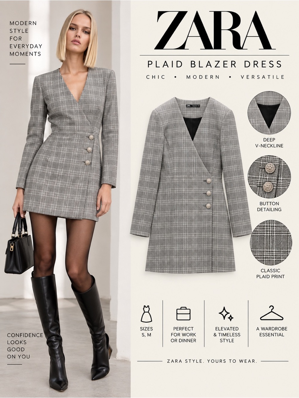 ZARA Black Gray Plaid Tailored Blazer Mini Dress S M NWT